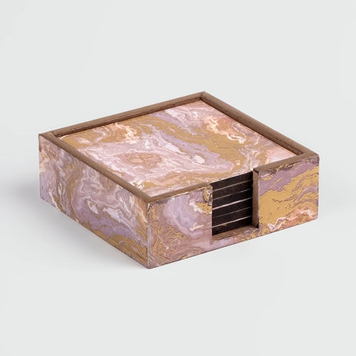 Set of six pink wooden square drink coasters

