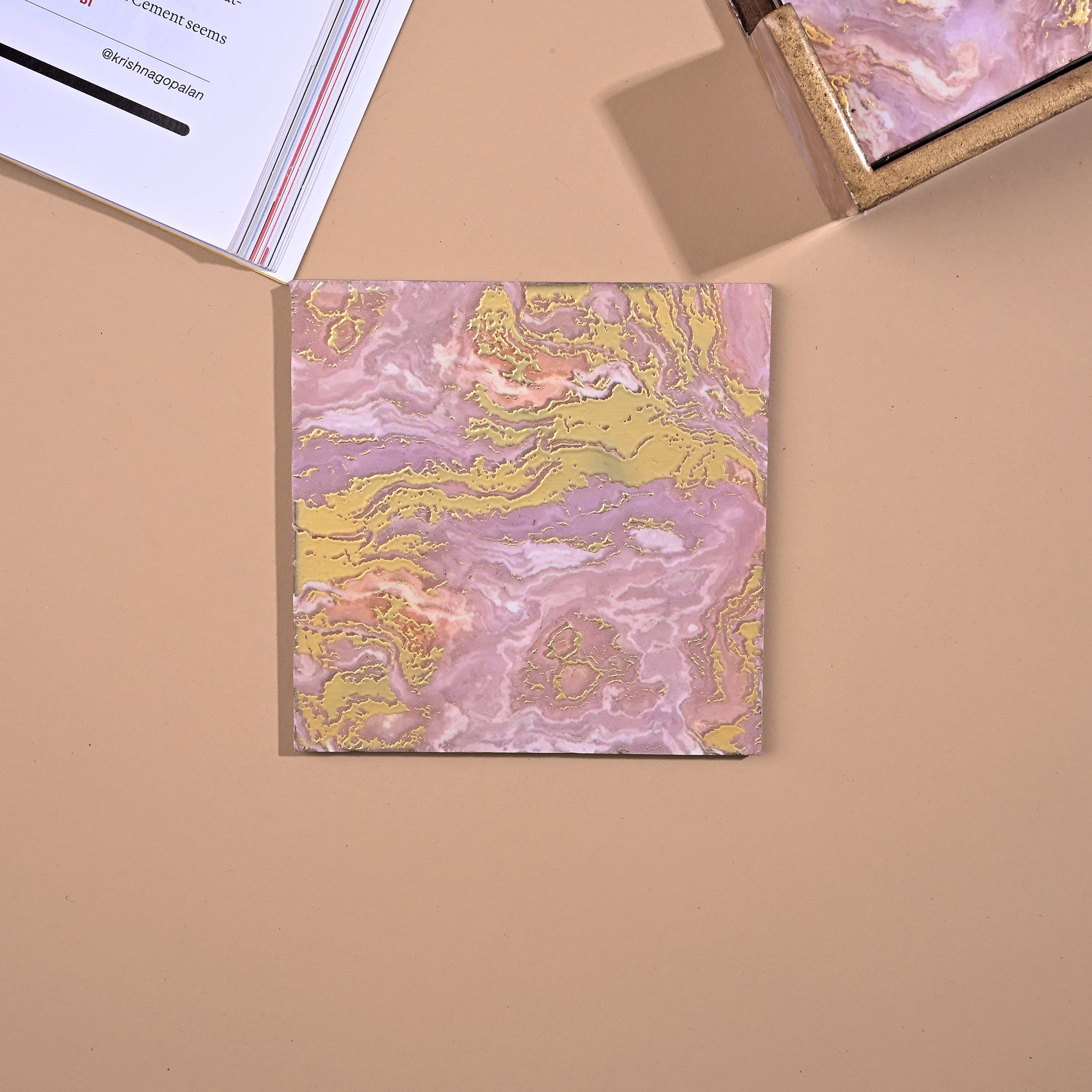 Elegant pink square wooden coaster set for home

