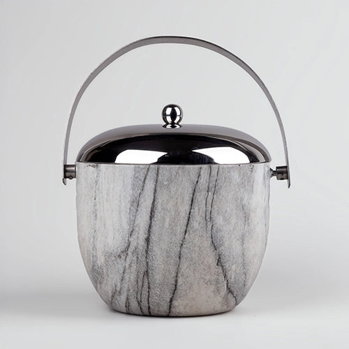 Elegant Steel Ice Bucket Displayed on a Dining Table