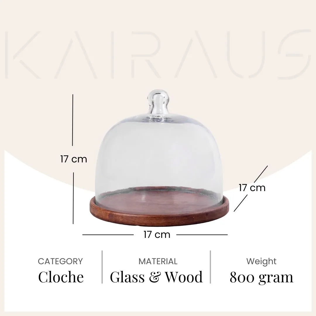 Elegant glass cloche and wooden tray for home decor
