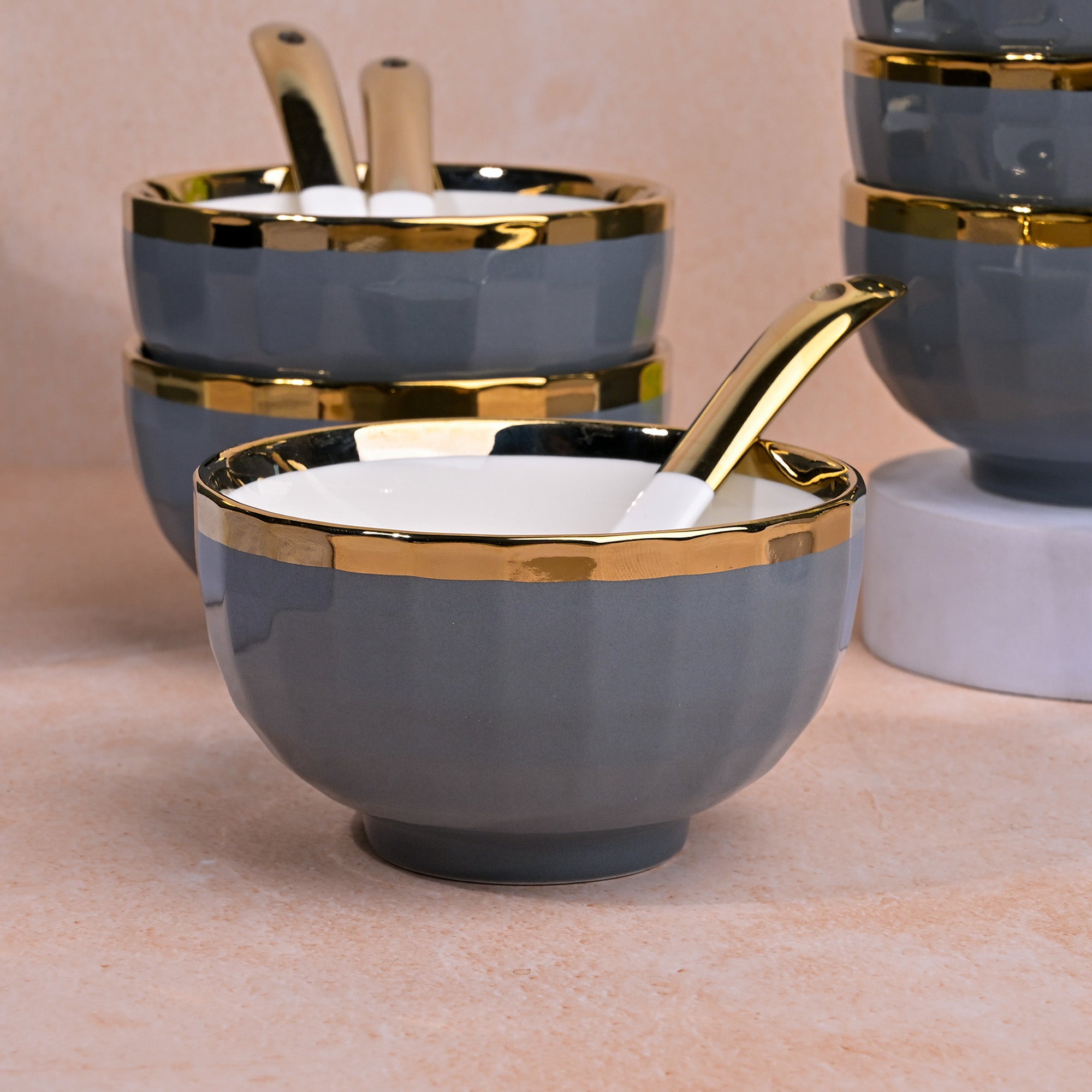 Luxury grey porcelain bowls with gold detailing

