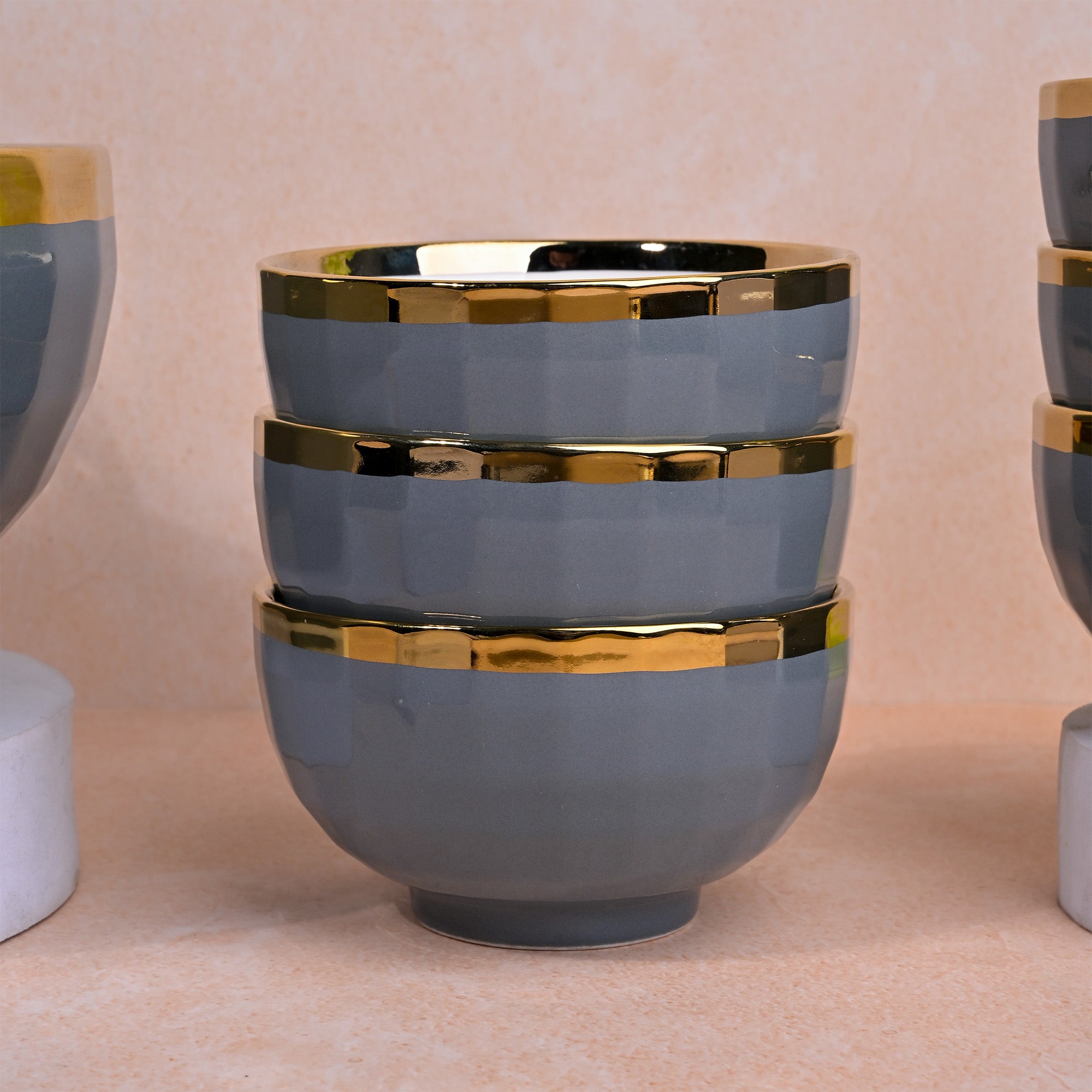 Premium porcelain serving bowls in grey and gold

