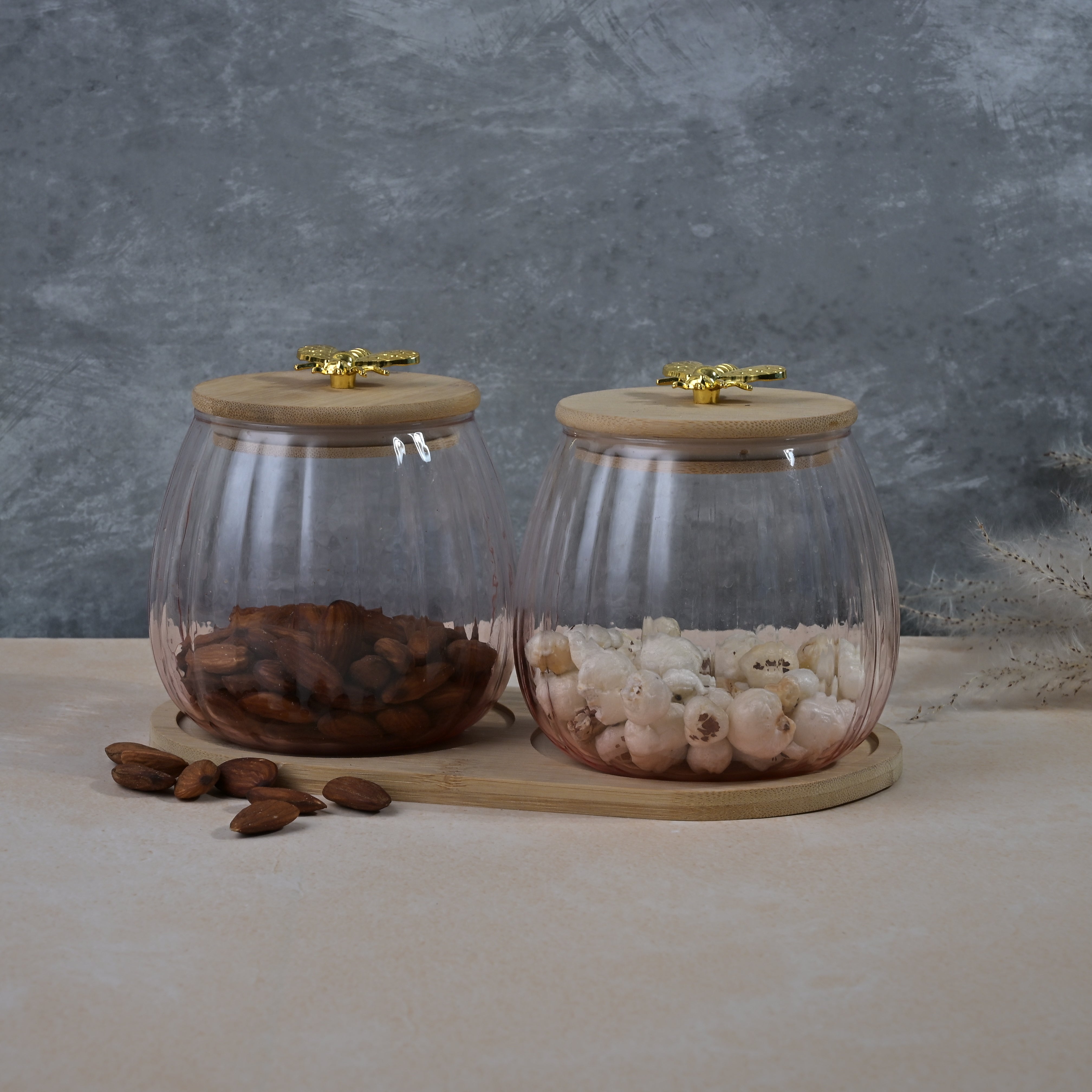 Elegant transparent glass jar with wooden lid
