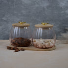 Elegant transparent glass jar with wooden lid
