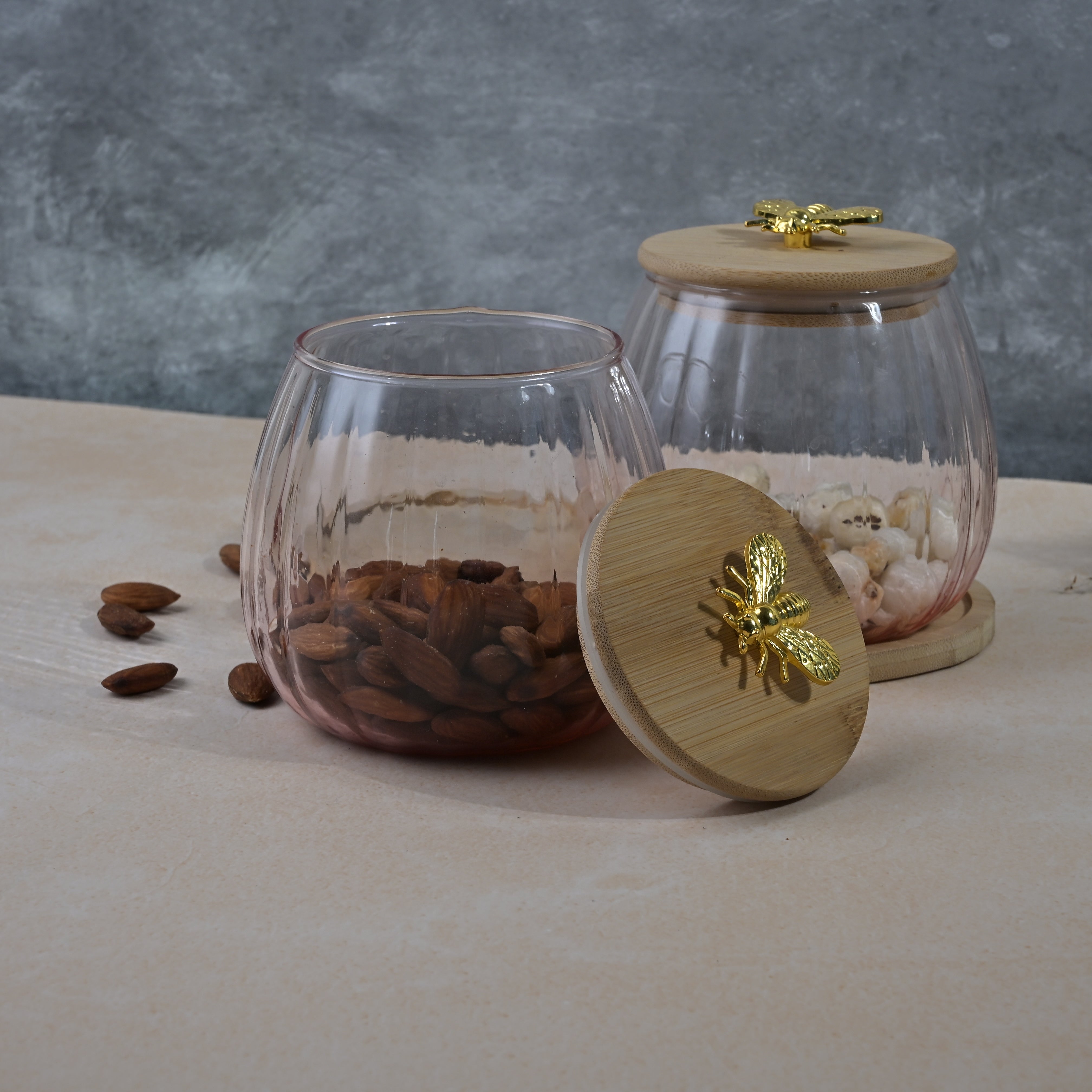 Elegant glass storage container with wooden lid
