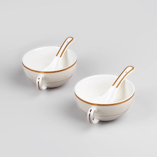 Two-piece white porcelain bowl and spoon set

