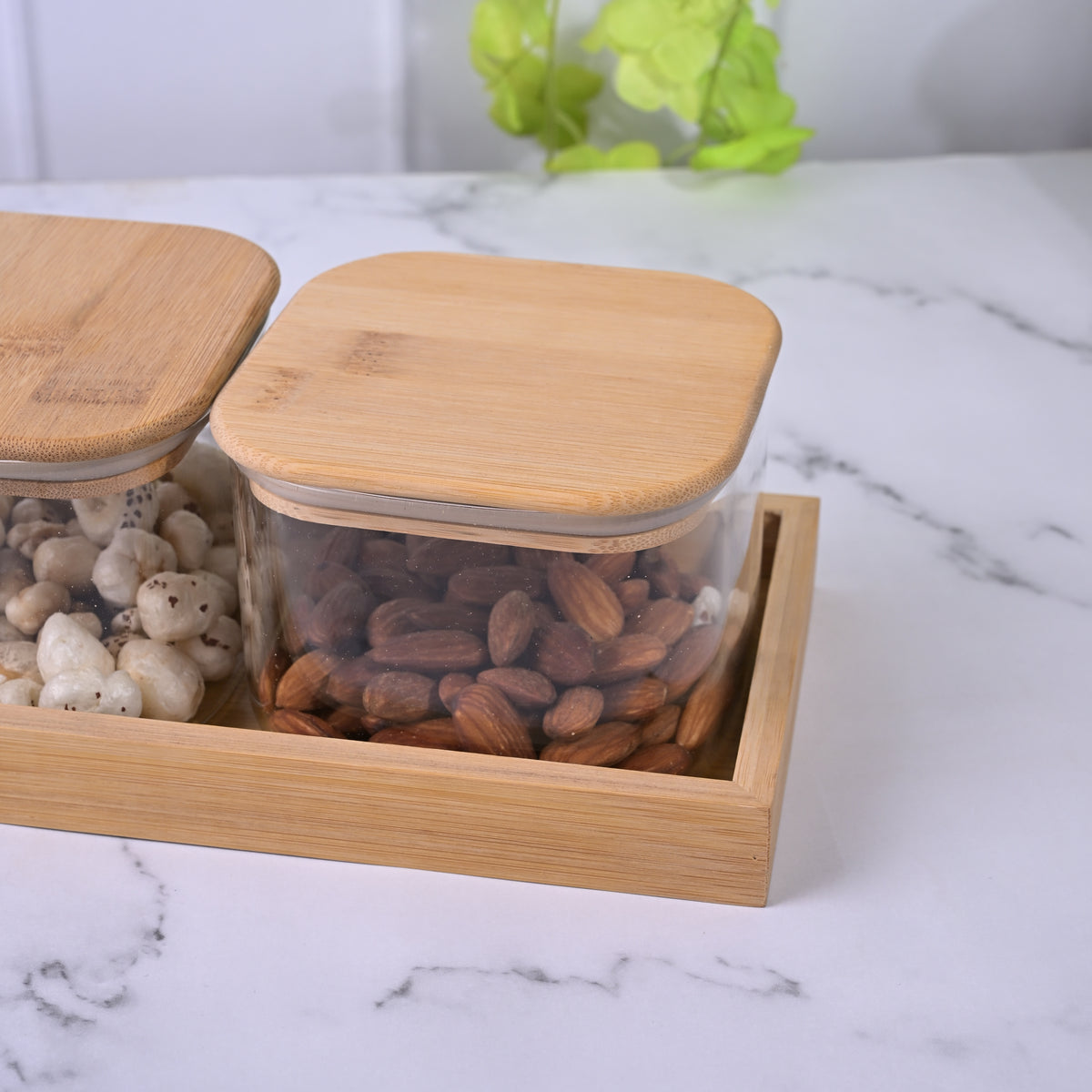 Clear glass storage jar set for pantry essentials
