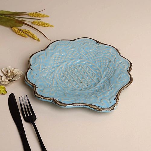 Embroidered pale aqua ceramic serving platter


