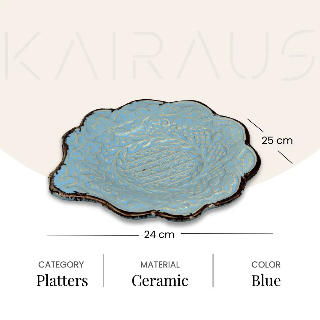 Pale aqua ceramic platter with embroidered detailing

