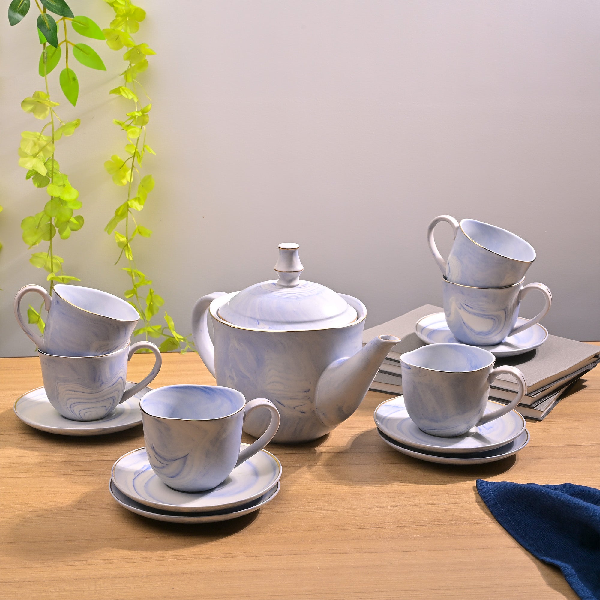 Faded sky blue tea kettle set

