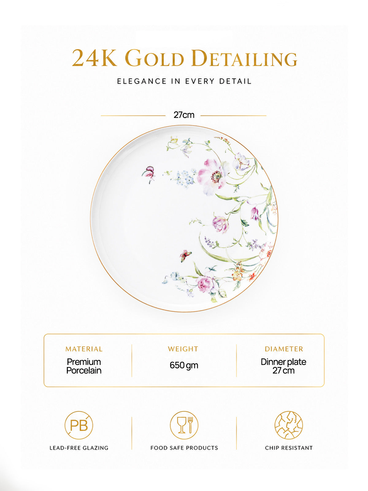 Premium floral-patterned dinner plate with gold finish

