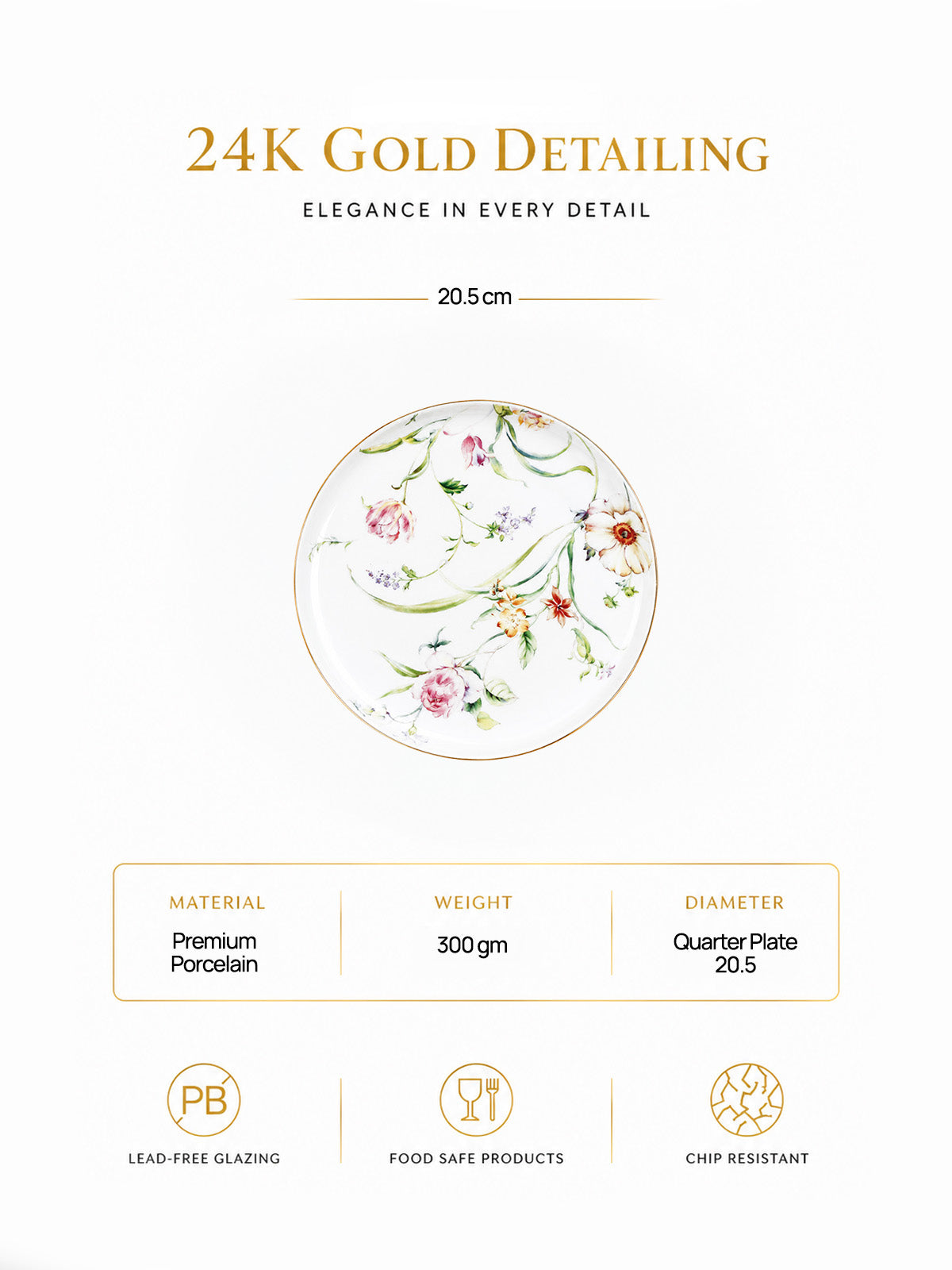Floral Dream gold quarter plate with floral design

