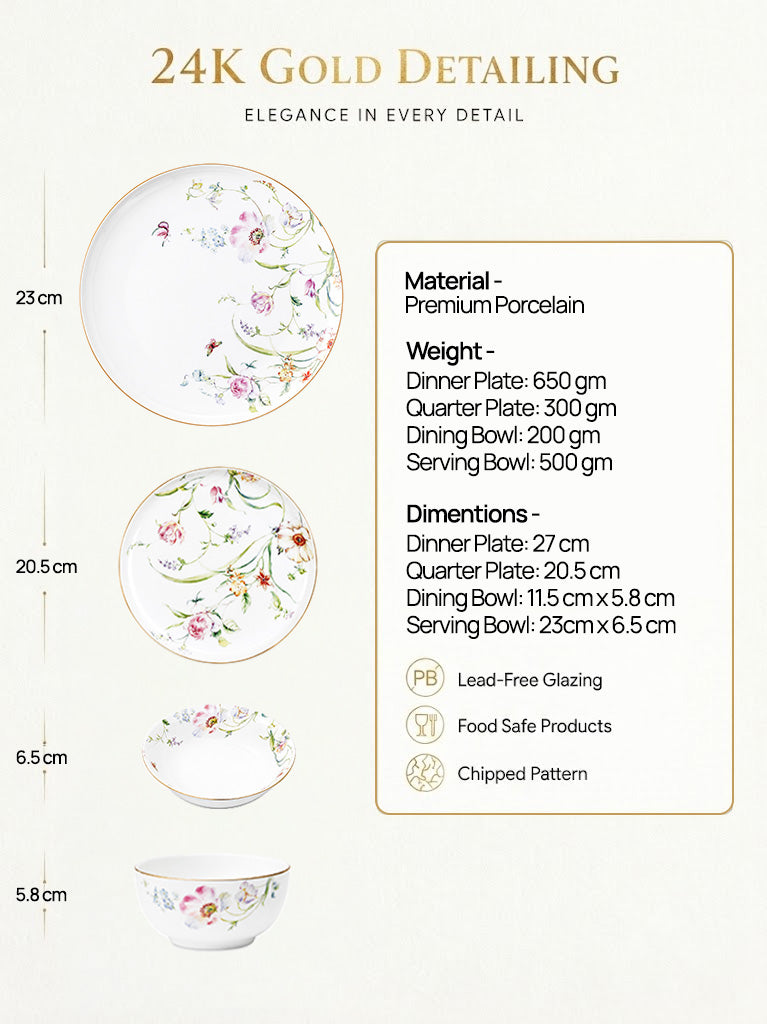 Floral Dream 27-piece dinnerware set with gold accents


