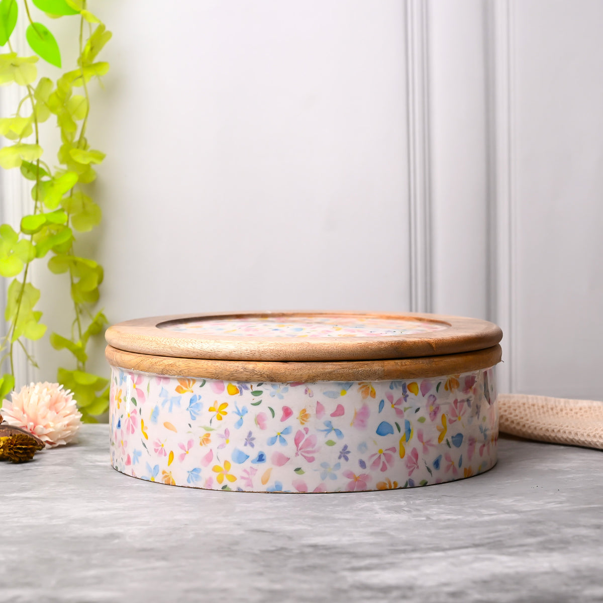 Floral wooden exquisite casserole with decorative design

