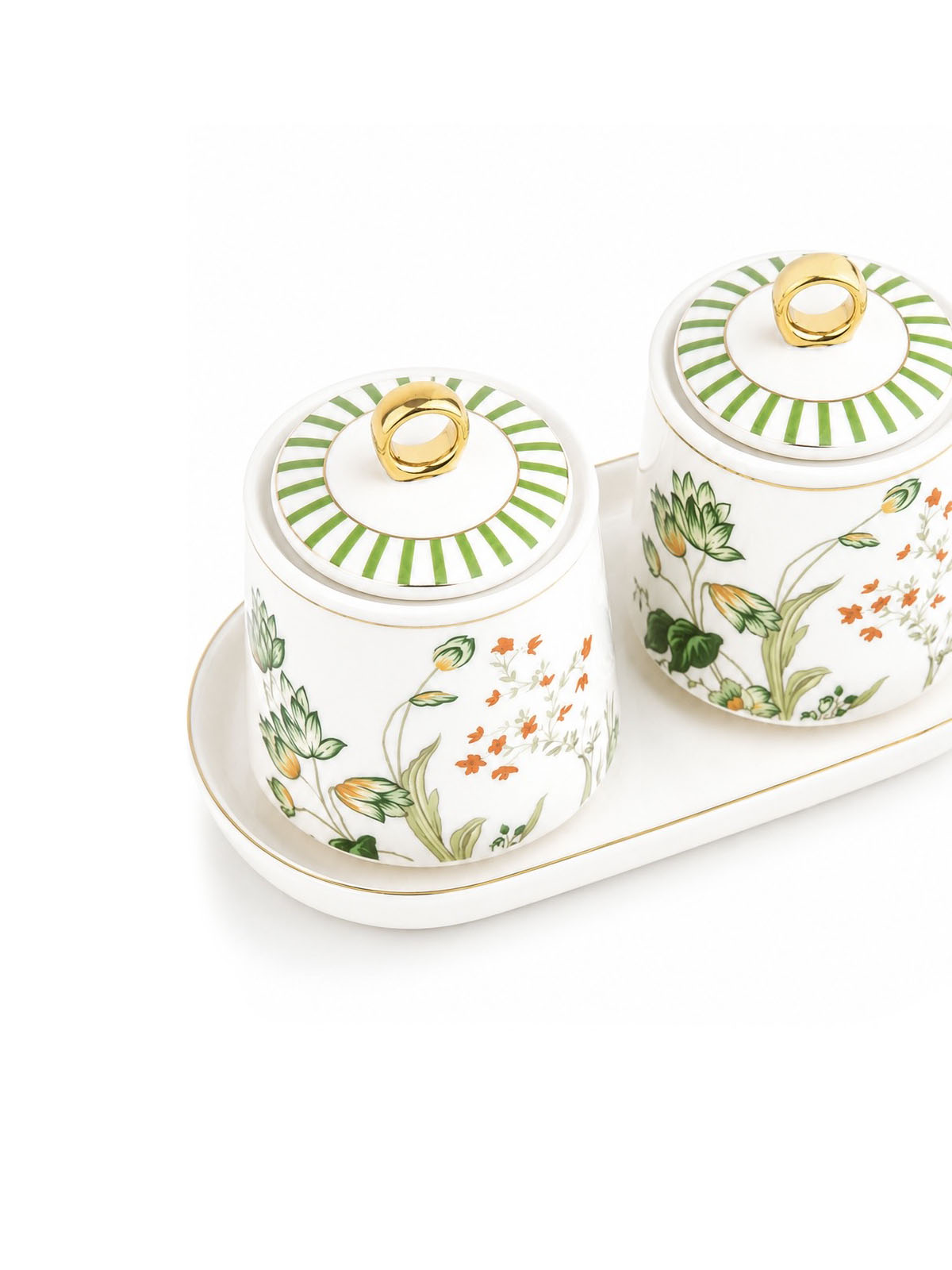 French gold condiment jars with tray

