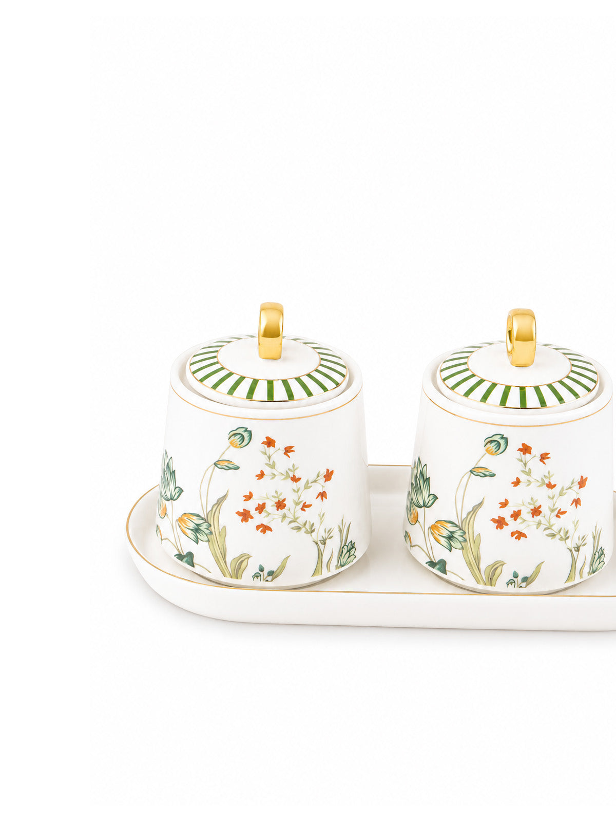 Stylish gold condiment jars with tray

