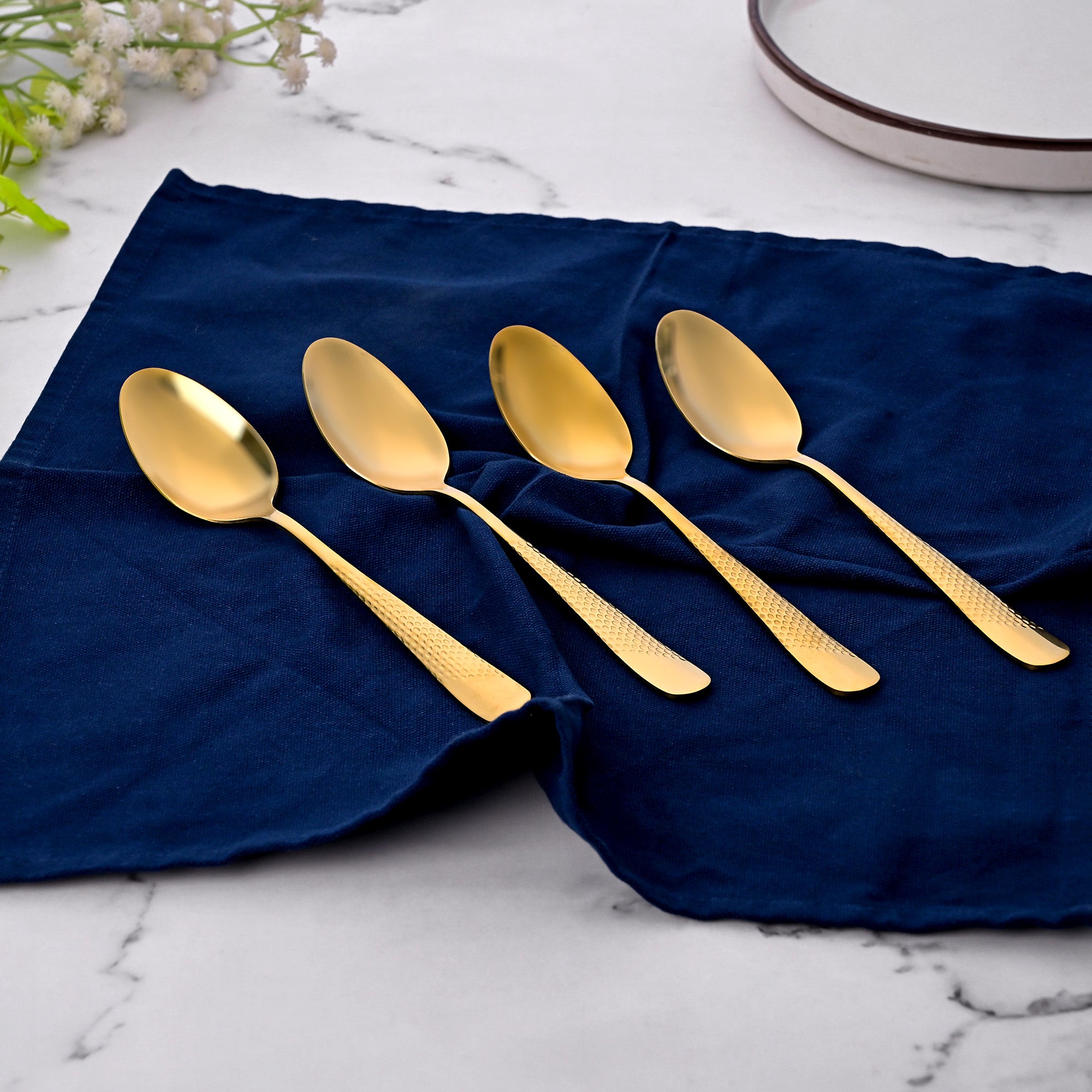 Golden Hammered Steel Spoons Set of 4 with Textured Finish


