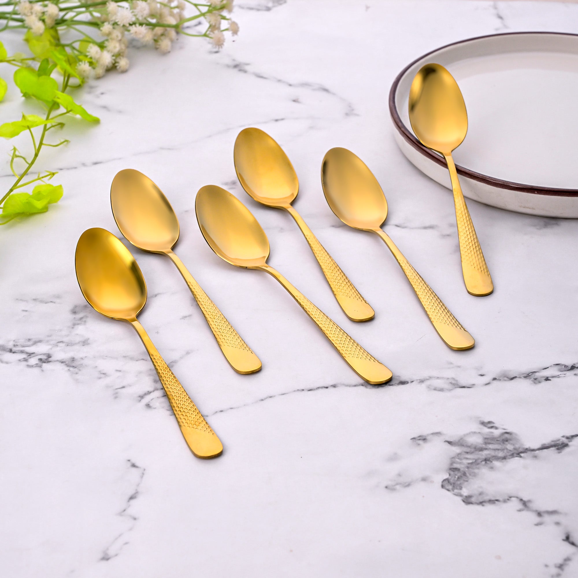 Golden Hammered Steel Spoons Set of 6 with Textured Finish

