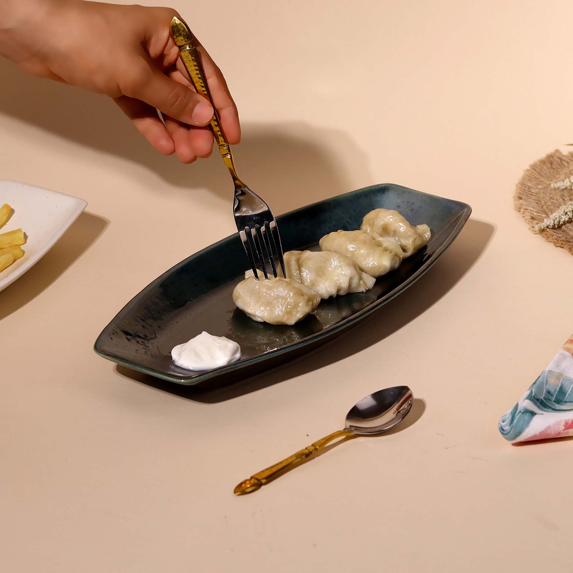 Green ceramic platter for dinner and entertaining

