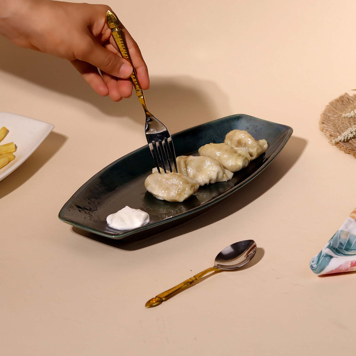 Green ceramic platter for dinner and entertaining

