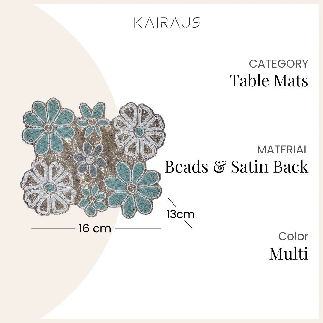 Decorative handmade beaded table mat with floral design
