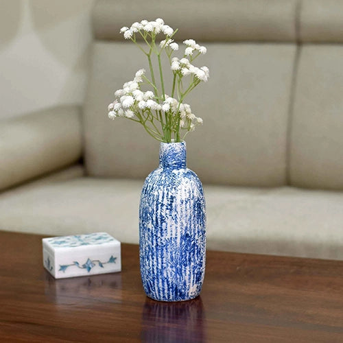 Indigo patterned ceramic vase with intricate decorative design

