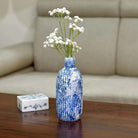 Indigo patterned ceramic vase with intricate decorative design


