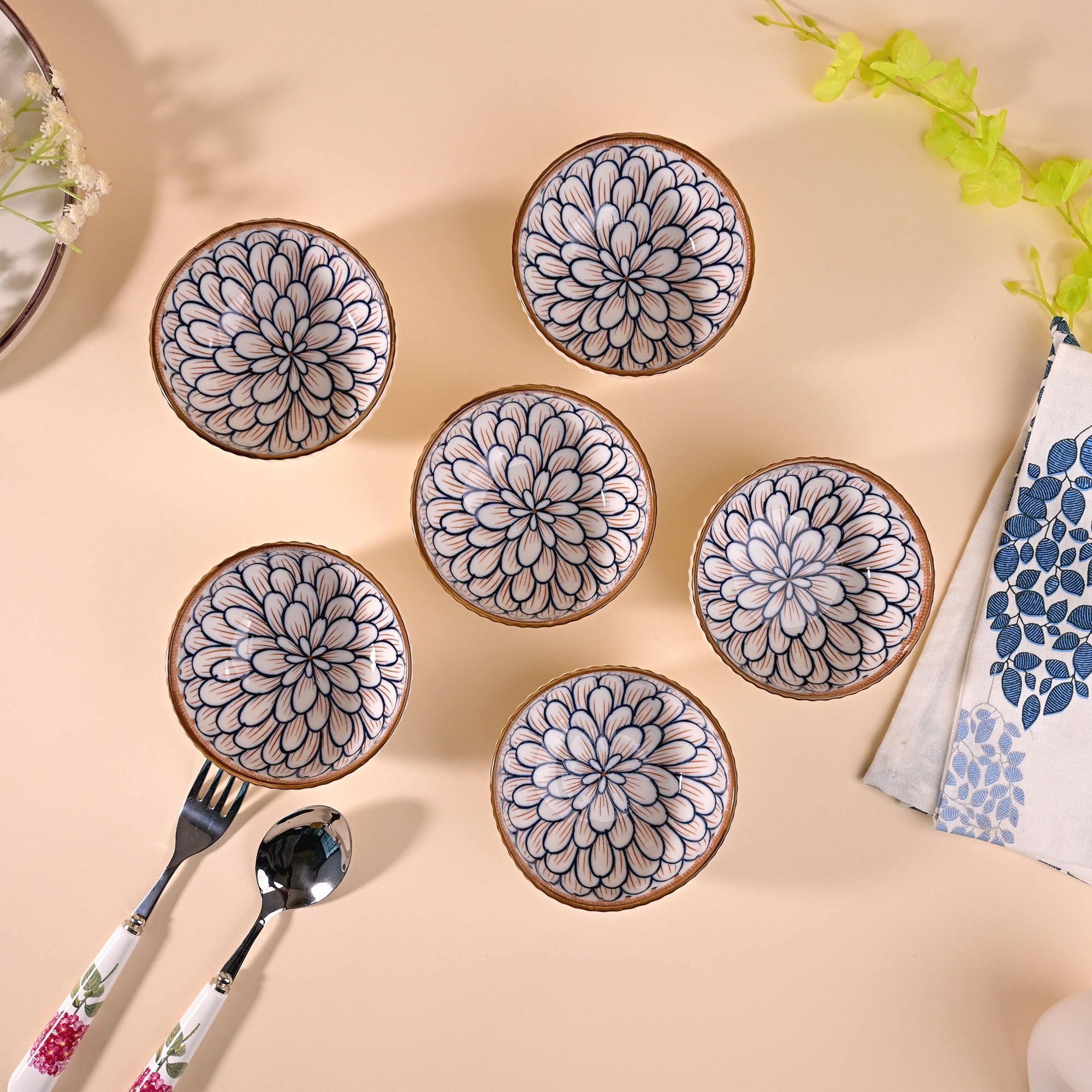 Jasmine floral porcelain bowls set of six

