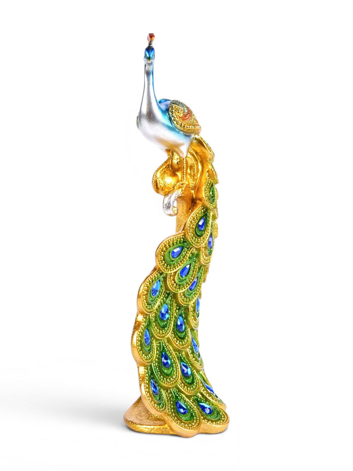 Close-up of the Kalapi Emerald Peacock Tower Figurine details


