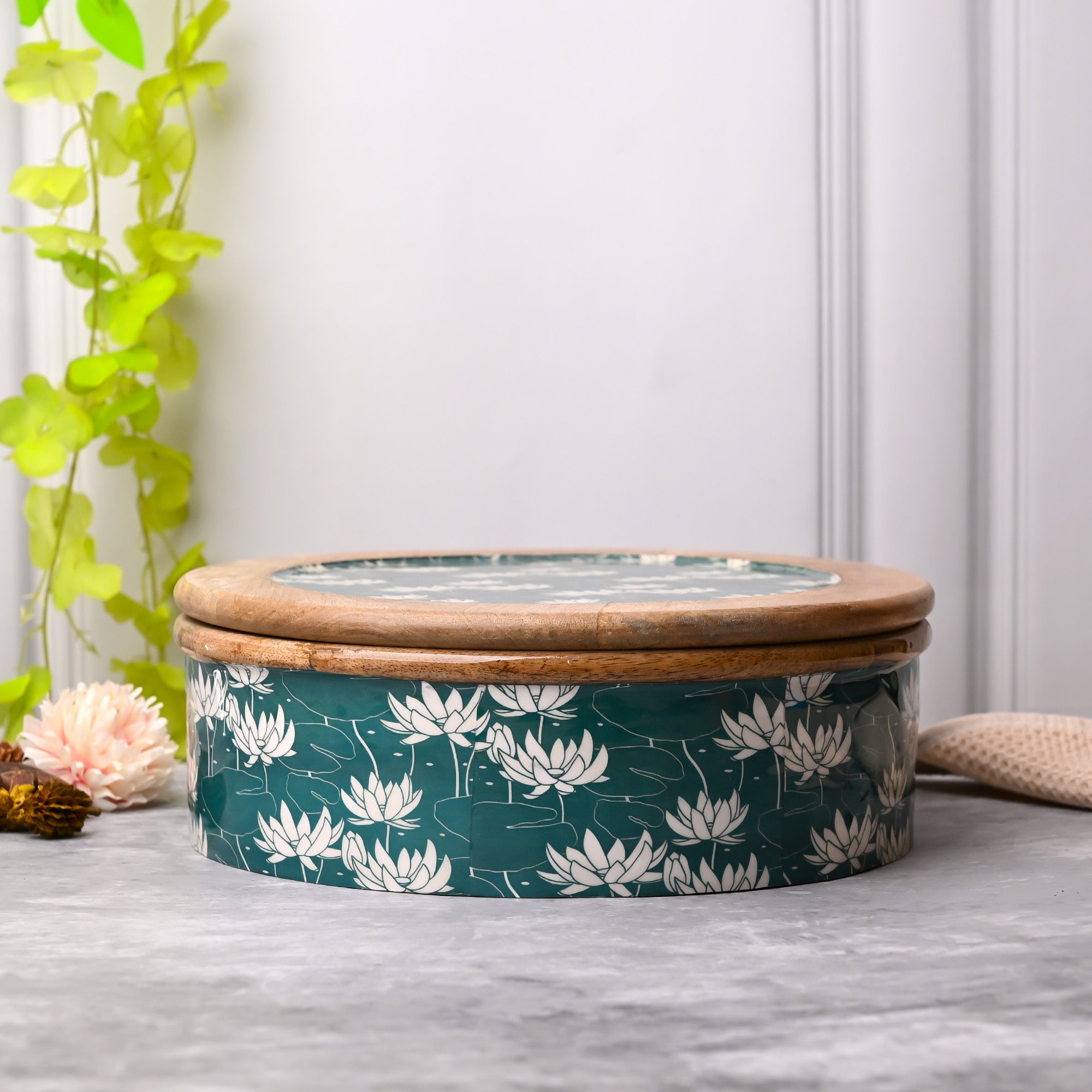Lotus-flamed exceptional wooden casserole with elegant design

