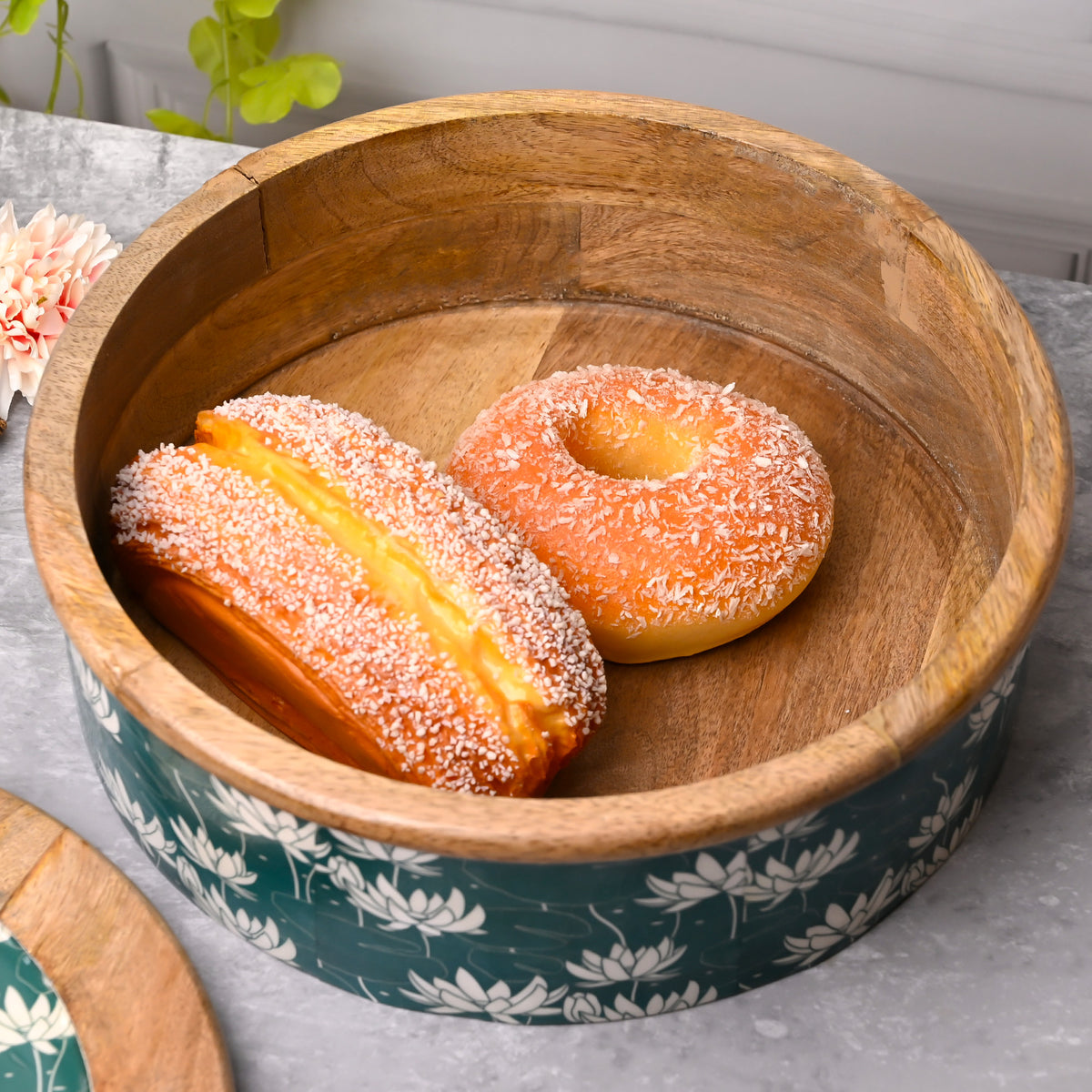 Elegant lotus-patterned wooden casserole for serving

