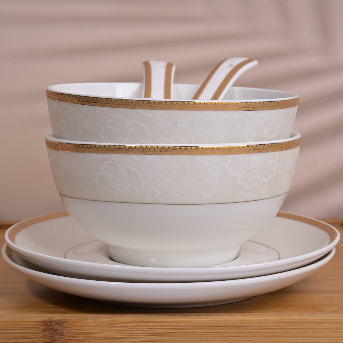 Luxurious white soup bowls with gold rim set of two


