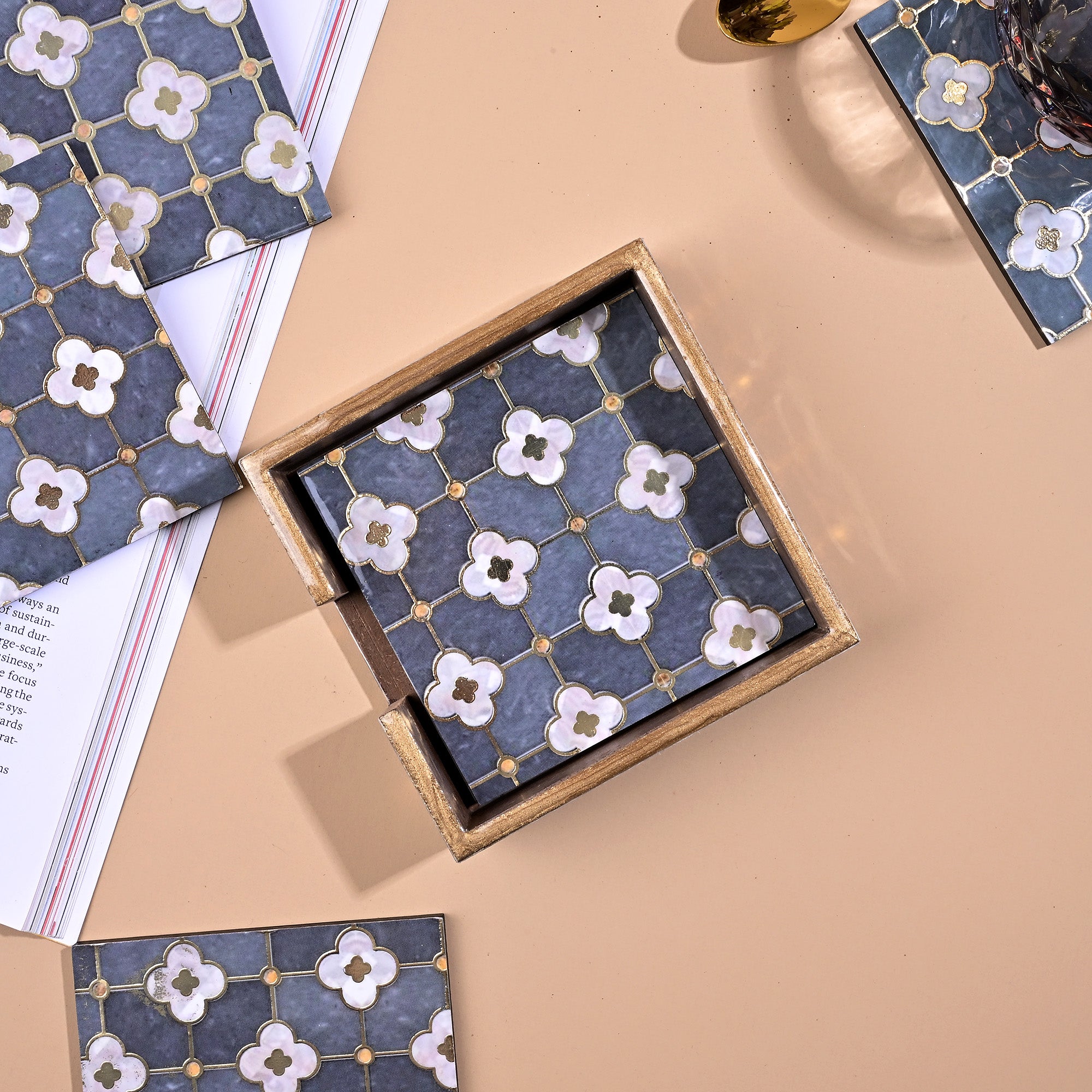 Luxury artisan wooden coasters arranged together


