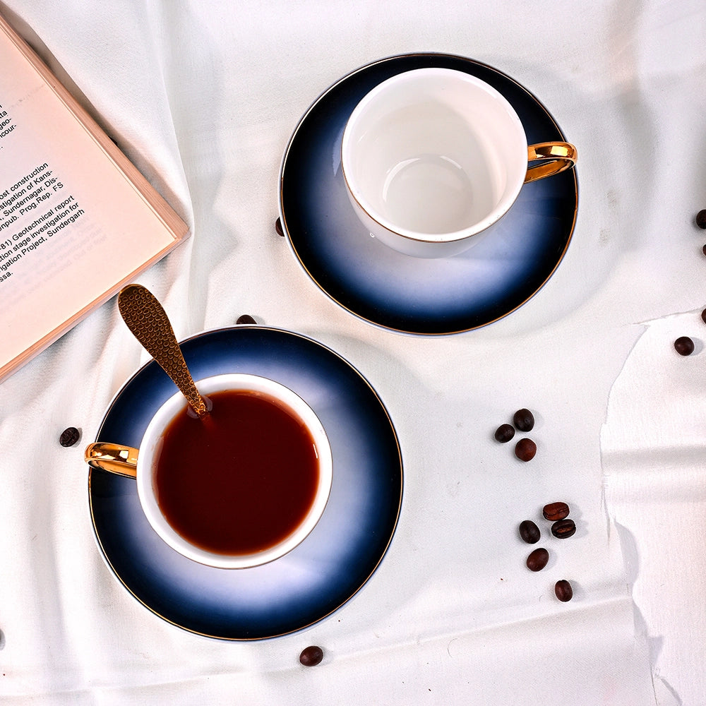 Close-Up of Luxury Blue Porcelain Tea Cup with Fine Detailing

