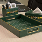 Elegant green leather desk organiser set with compartments


