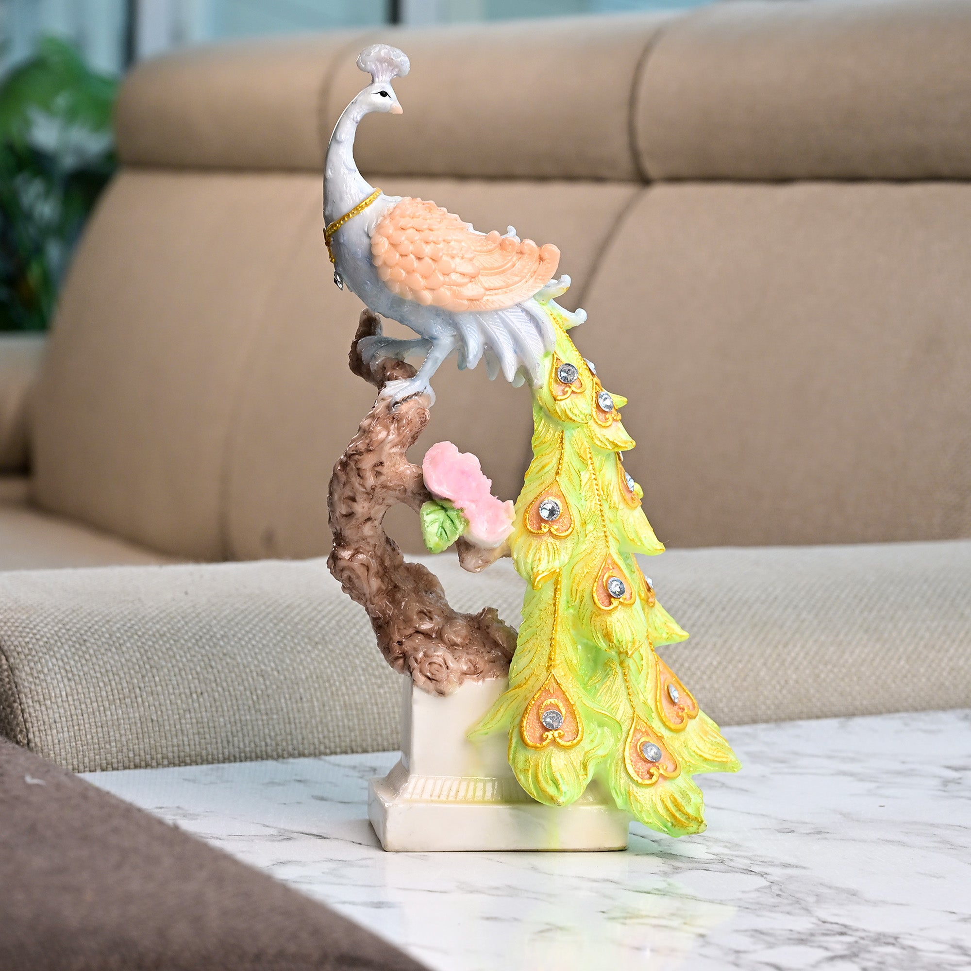 Majestic sunrise peacock statue with vibrant feather details

