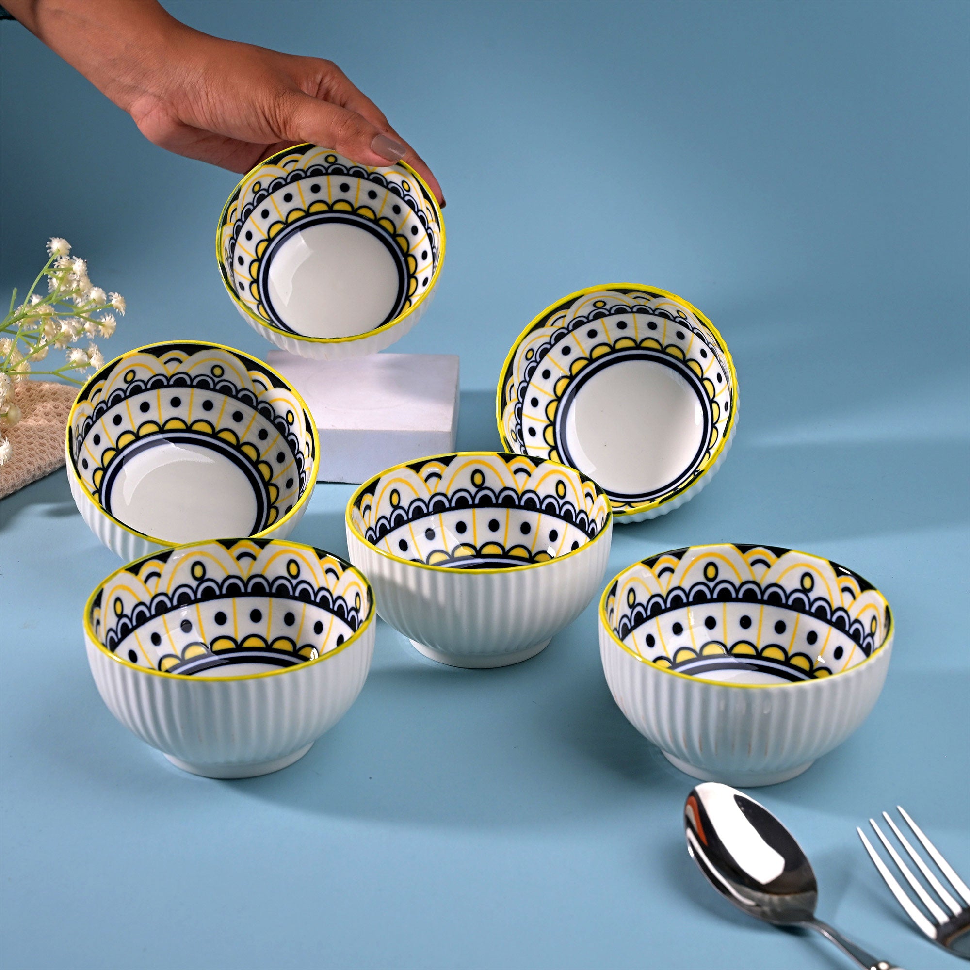 Set of six Mandala handcrafted porcelain bowls


