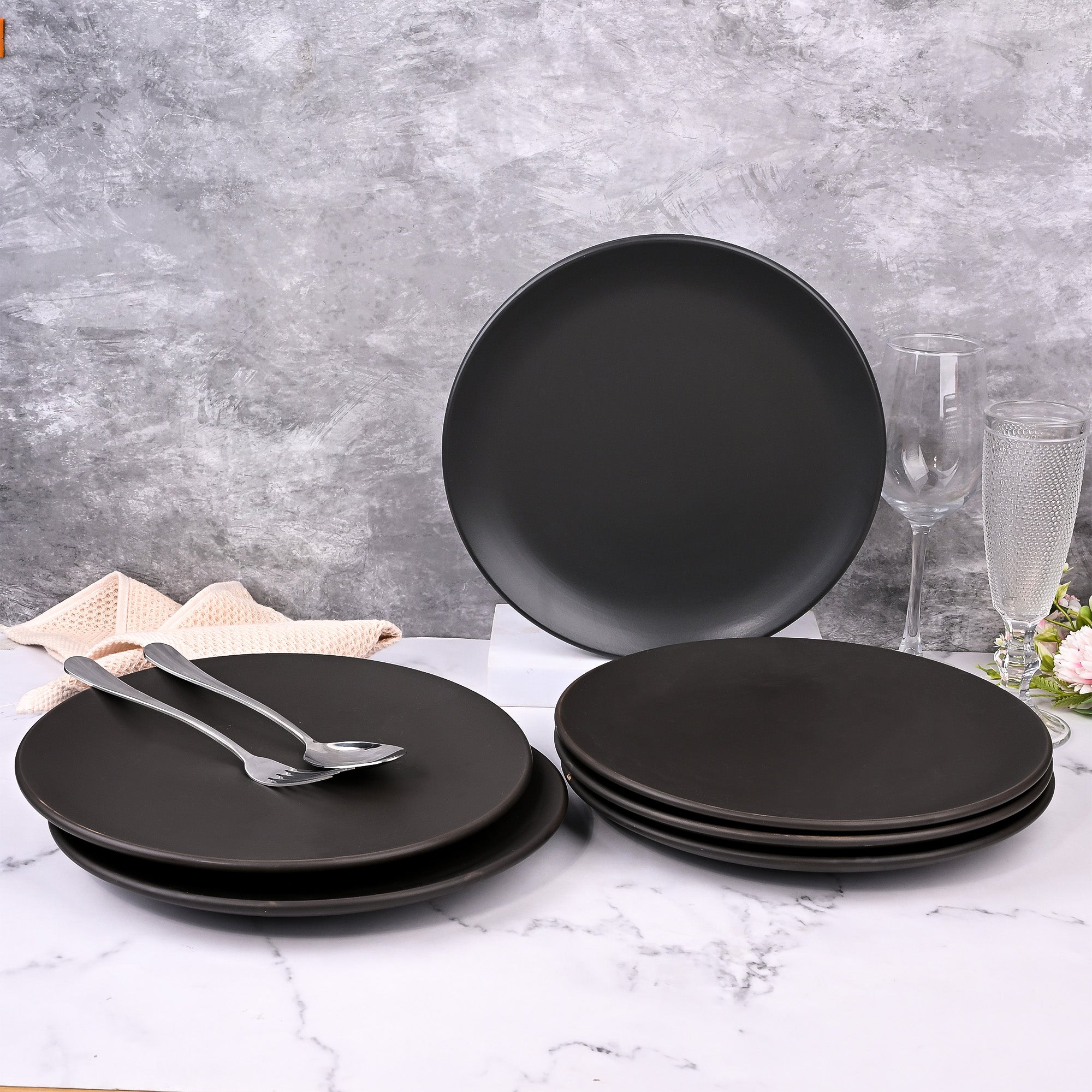 Matte black ceramic dinner plates set of 6