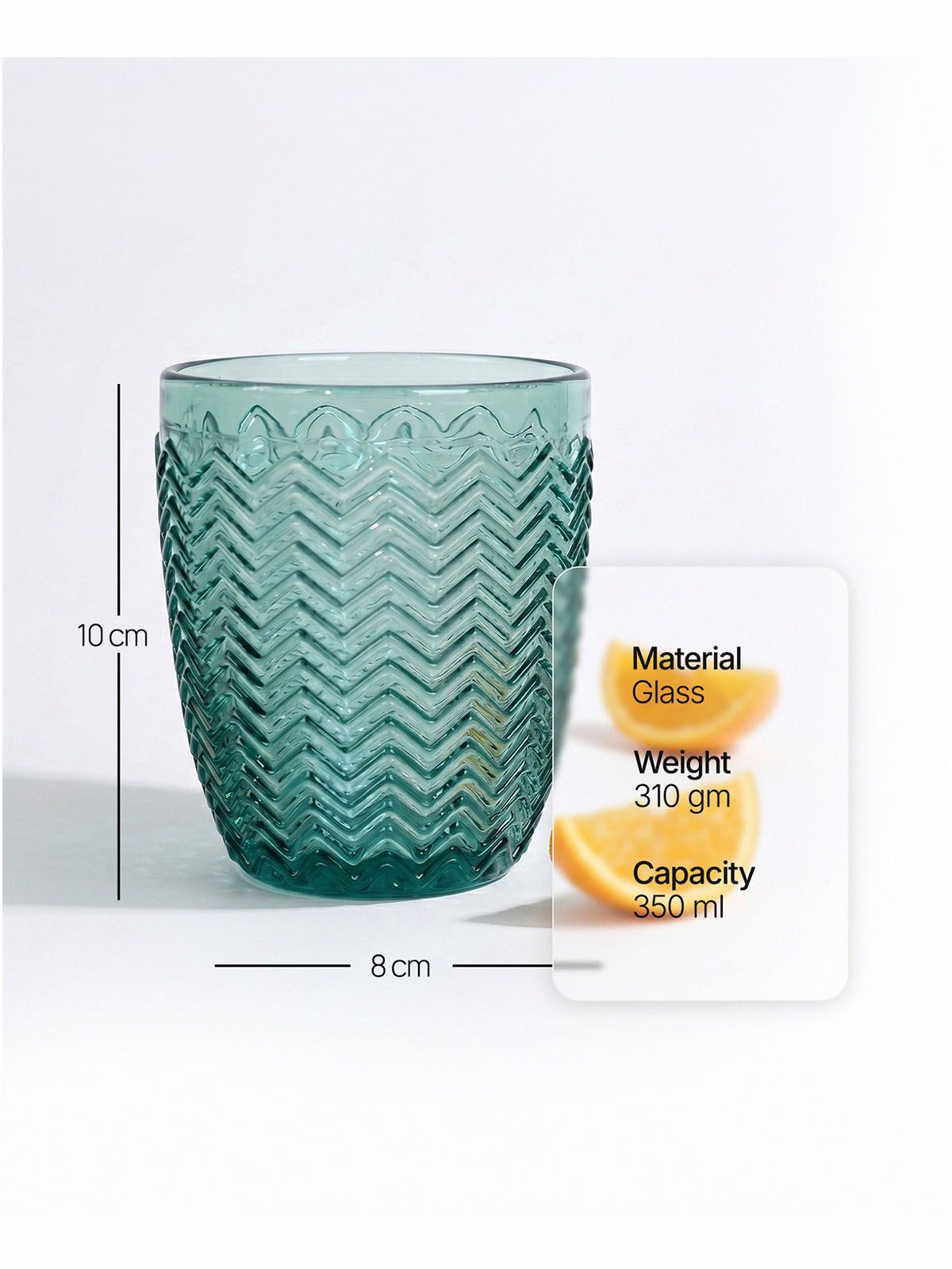 Six Midori clear drinking glasses on display
