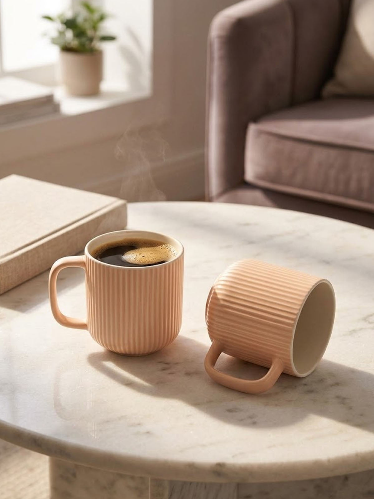Misty Rose Ribbed New Bone China coffee mug set of 2

