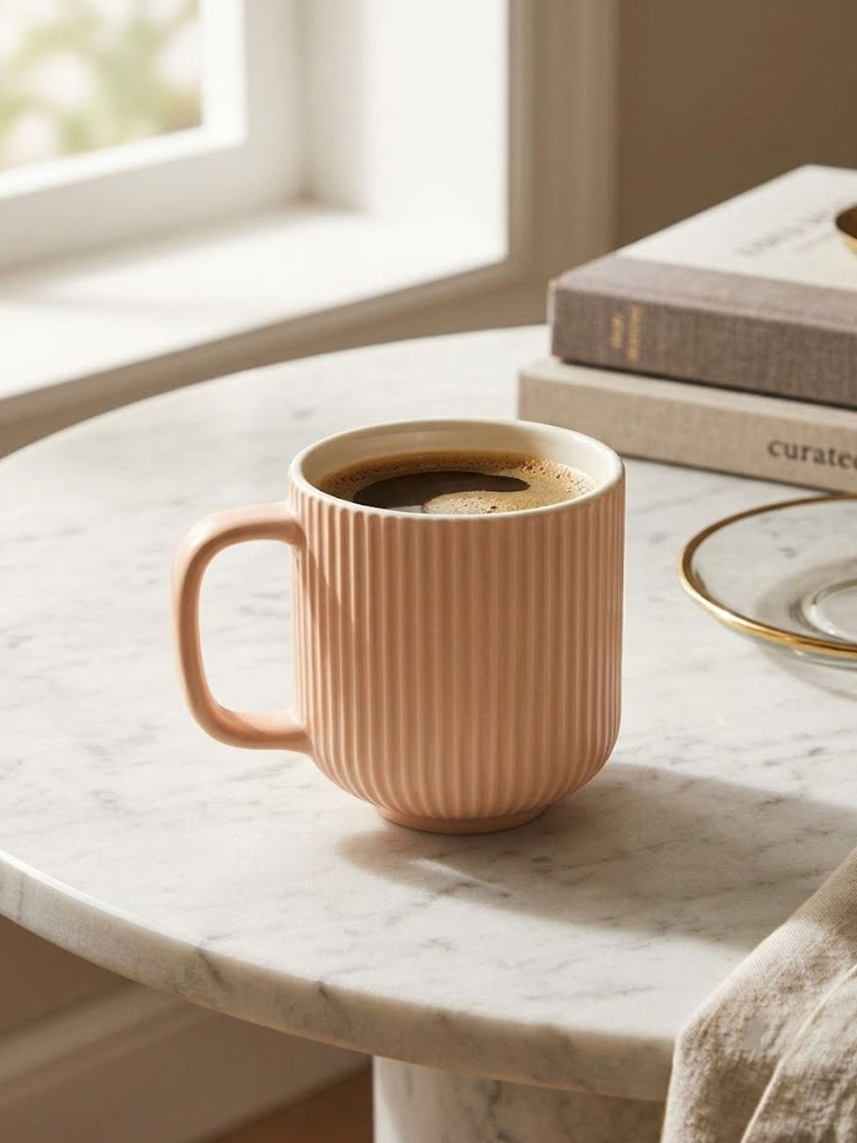 Elegant Misty Rose ribbed bone china coffee mug set

