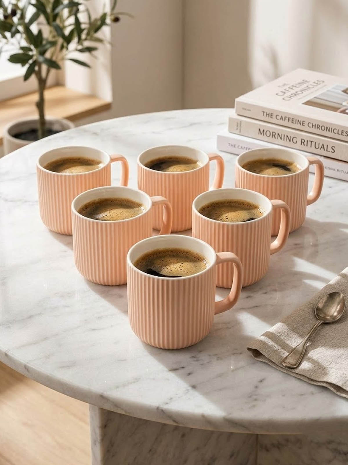 Misty Rose Ribbed New Bone China coffee mug set of 6