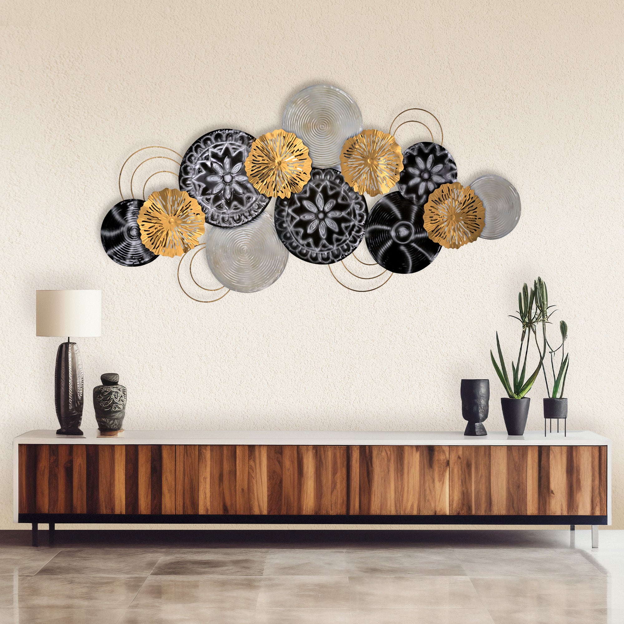 Modern multicolour metallic plate wall art with vibrant design


