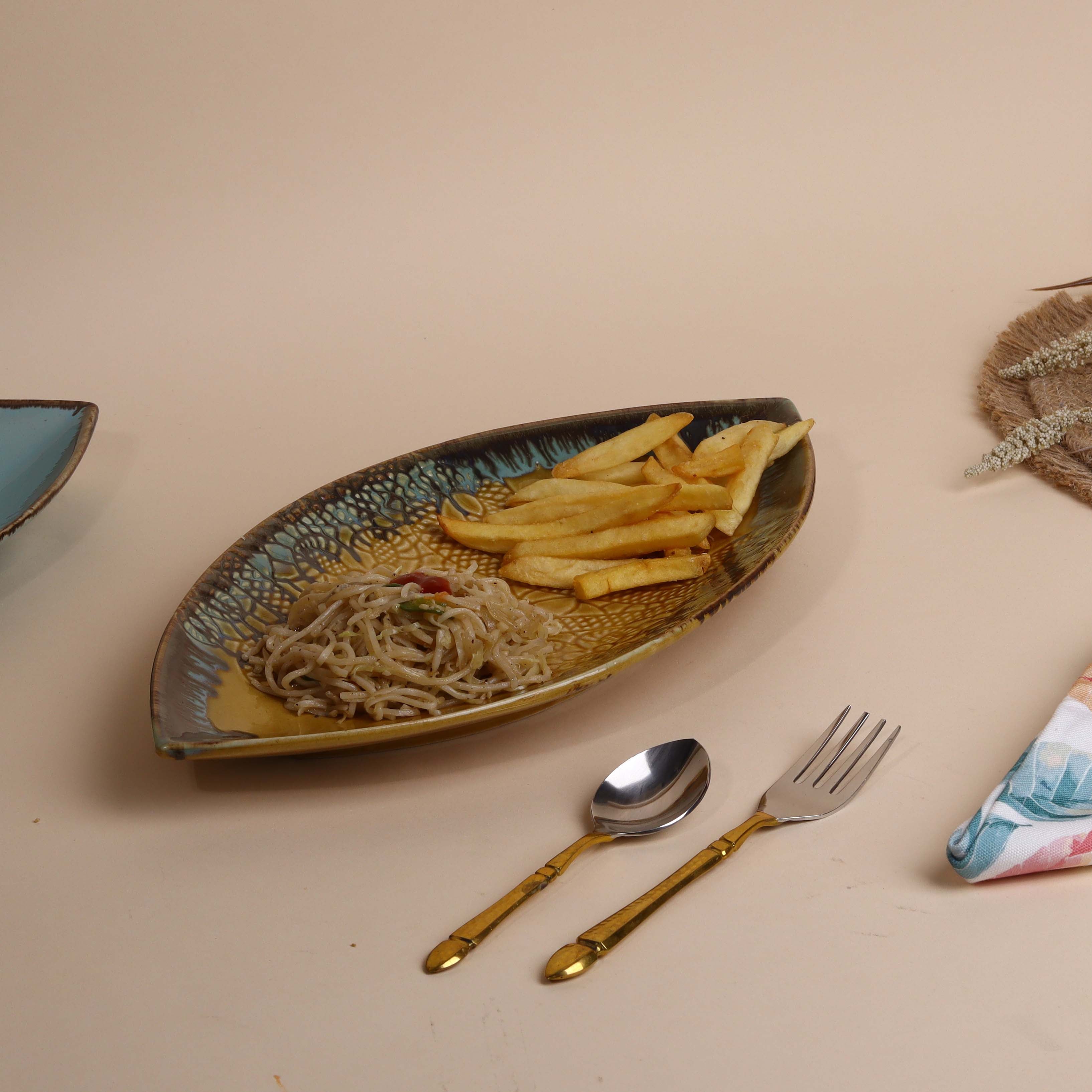 Stylish mustard leaf patterned serving platter

