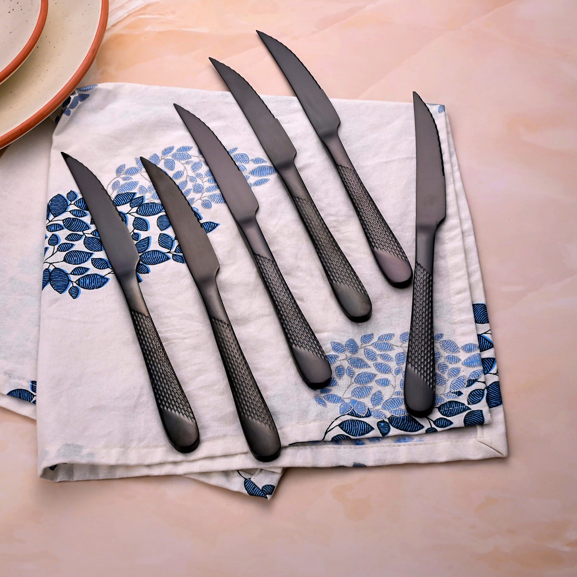 Nightfall Black Knife Set of 6 Displayed with Modern Tableware

