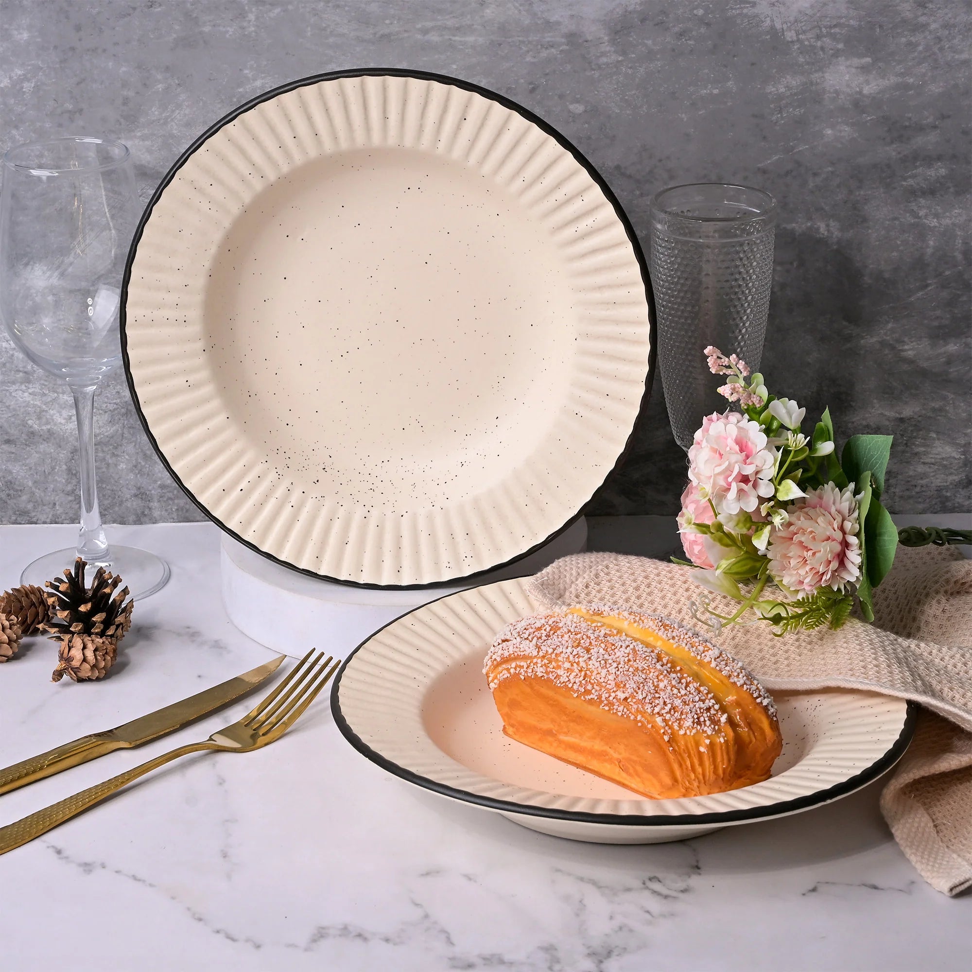 Off-white black ceramic plates for serving snacks

