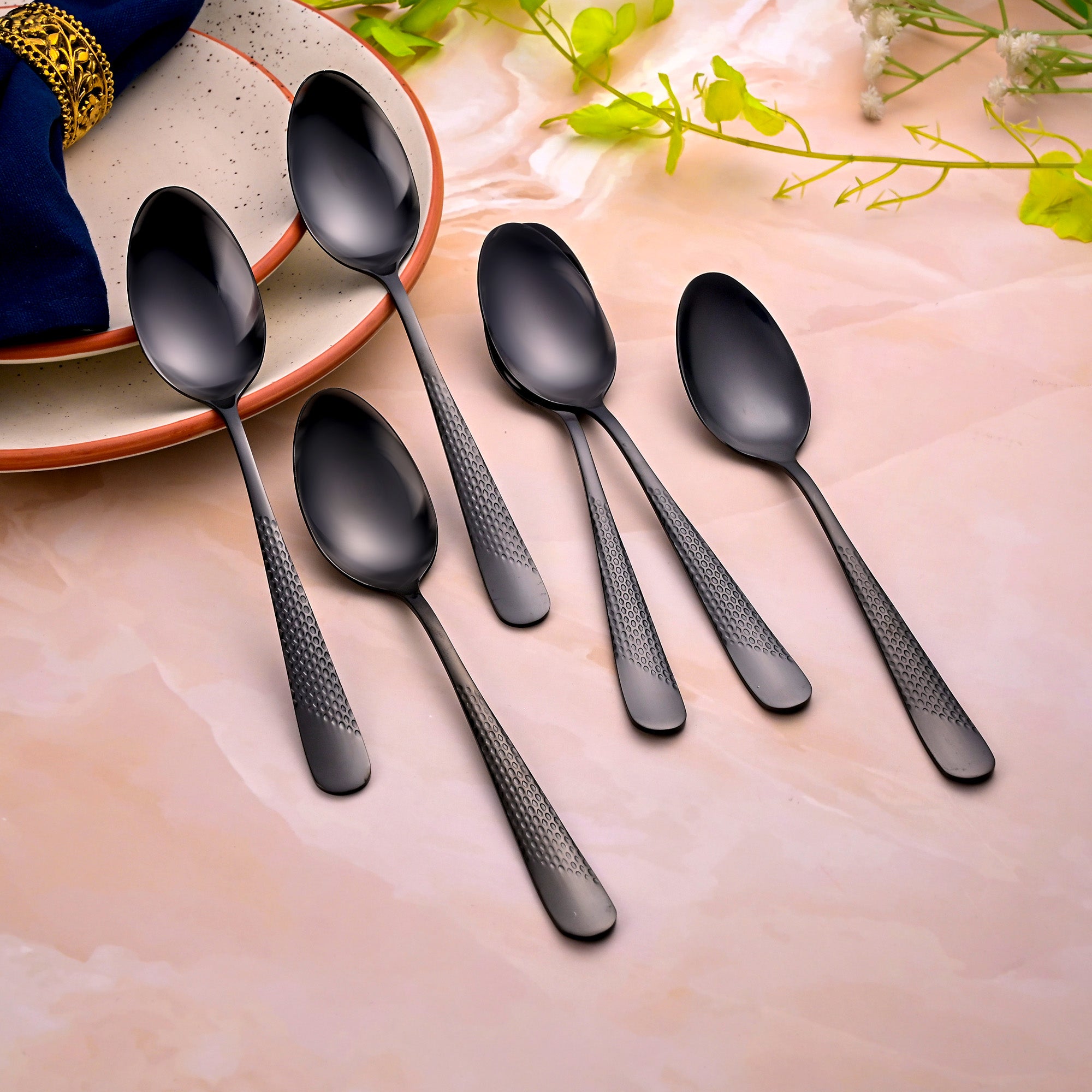Close-Up View of Onyx Black Stainless Steel Spoons with a Refined Finish

