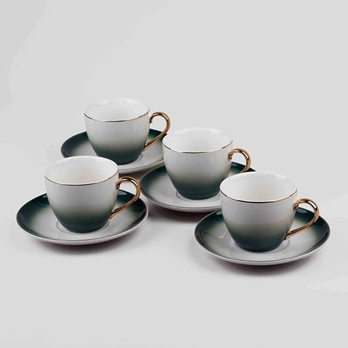 Set of Four Opulent Cups and Saucers with Elegant Gold Trim