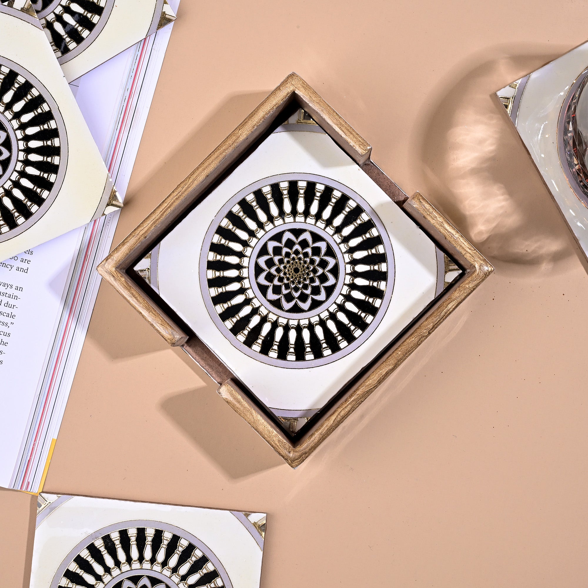 Opulent Mandala coasters arranged together

