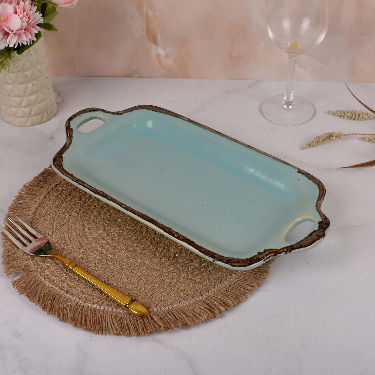 Pastel blue ceramic serving platter

